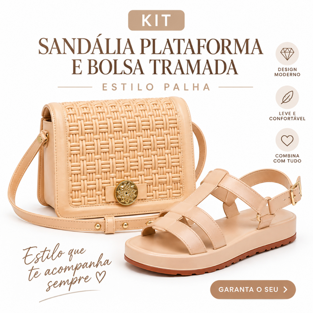 Kit Bolsa palha tramada Feminina + Sandália Plataforma Feminina Confortável Moderna Elegante