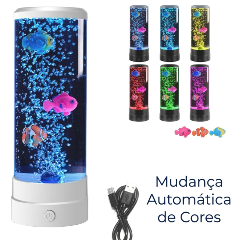 Luminária Aquário Artificial LED com Peixes em Movimento 16 Cores Controle Remoto Decoração