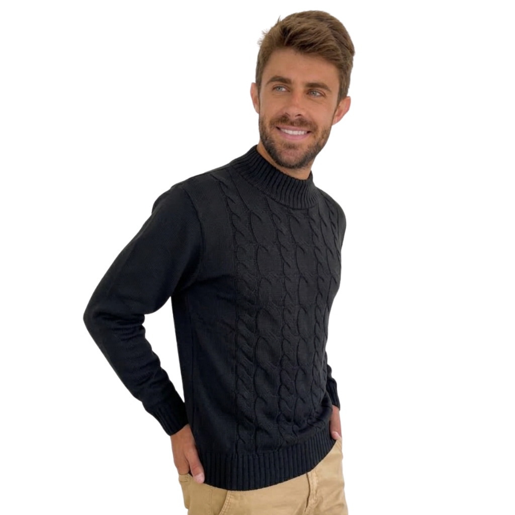 Blusa de tranças masculino suéter tricot de inverno gola alta