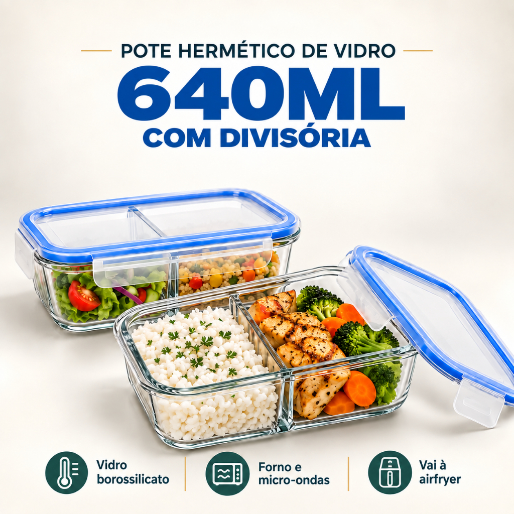 Kit Potes Hermético 640ml Marmita de Vidro Borossilicato com Divisória Air Fryer Forno Micro-Ondas