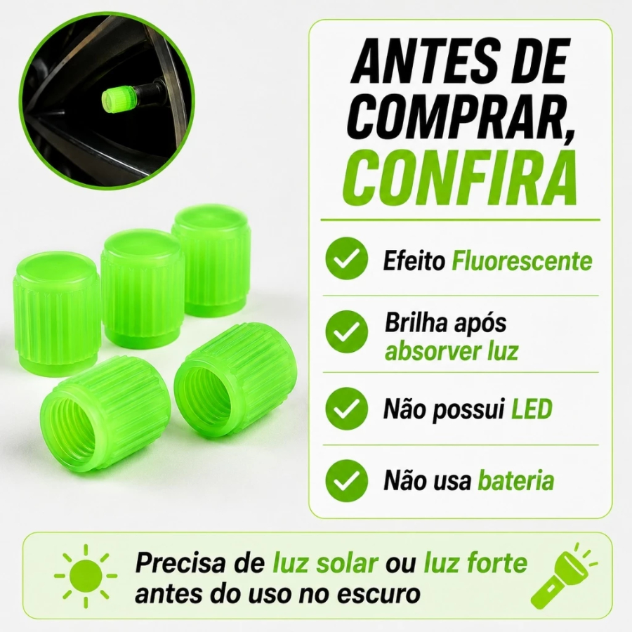 Tampa Bico de Válvula Pneu Fluorescente Brilha no Escuro para Carro Moto Bike Universal — imagem 2 de 2