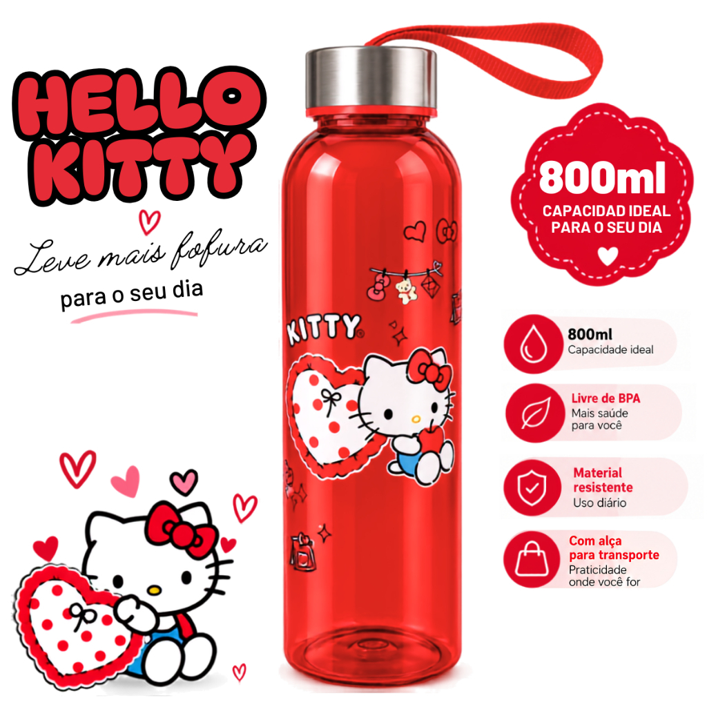 Garrafa De água Plástico Hello Kitty Livre de BPA Infantil Escolar Durável