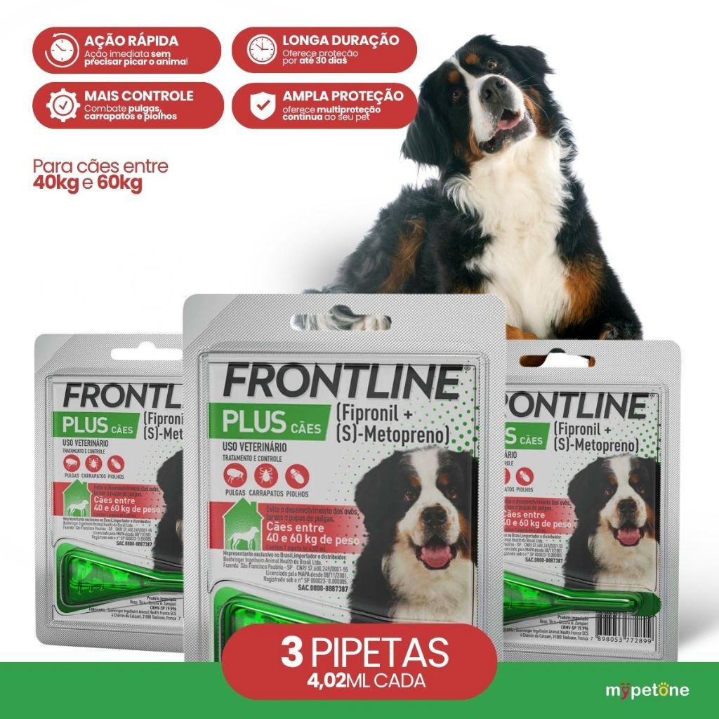 Kit 3 Antipulgas e Carrapatos Frontline Plus para Cães de 40 a 60 Kg - 1 Pipeta - 4,02 mL