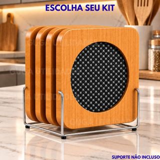 Kit Descansos de Panela Bambu e MDF Resistente ao Calor Suporte Térmico, 230° Base Antiderrapante Silicone Proteção