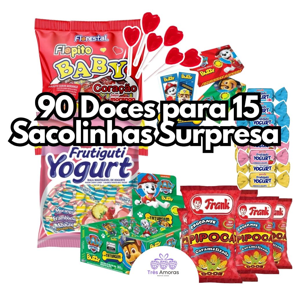 Kit 90 Doces para 15 Sacolinhas Bolsinhas ou Caixinhas de Guloseimas Lembrancinha Aniversário Festa