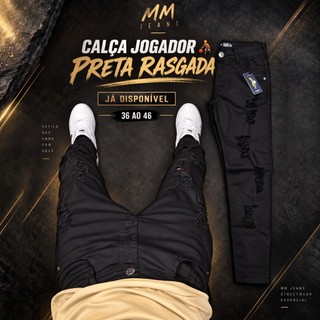 Calça jogador Preta Masculina Rasgada Slim Fit com Elastano Brim Estilo Jogador Premium Destroyed