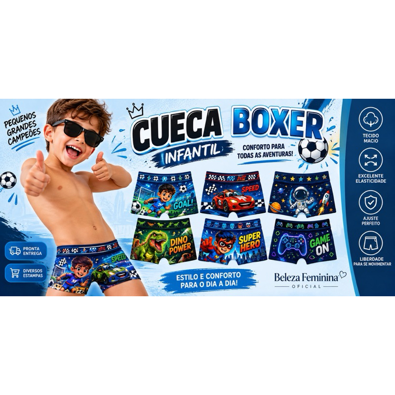 kit 5 e 3 Cuecas Boxer Infantil Sublimada Estamapas Meninos Personagens
