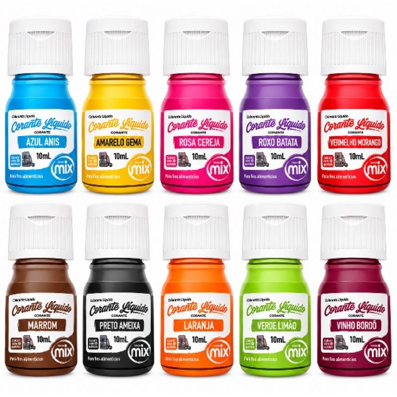 Kit 10 Corantes Líquidos Mix 10ml para Confeitaria– Cores da Foto