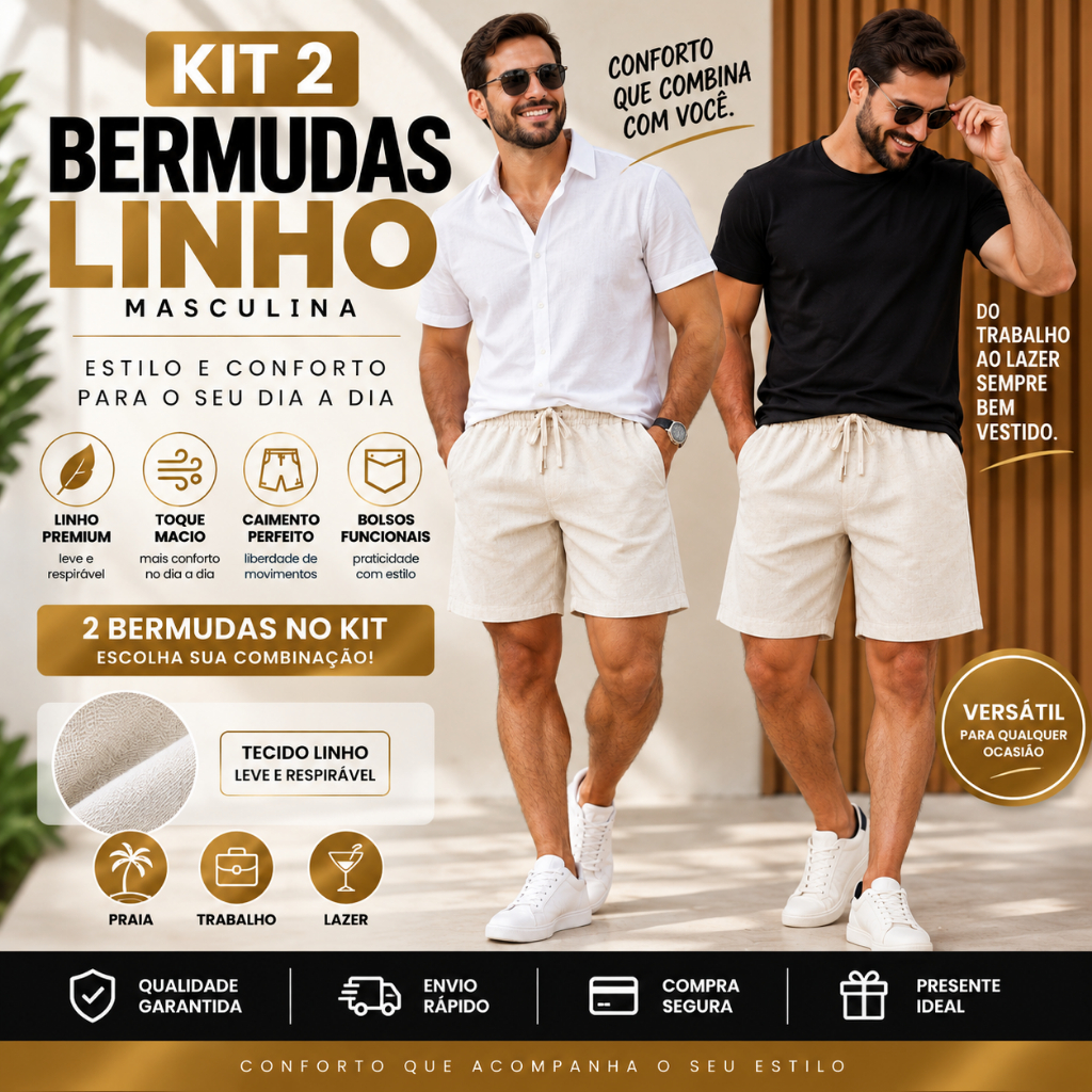 Kit 2 Bermudas Linho Masculina Premium Casual Leve Com Bolso Cós Elástico Confortável Dia a Dia Praia