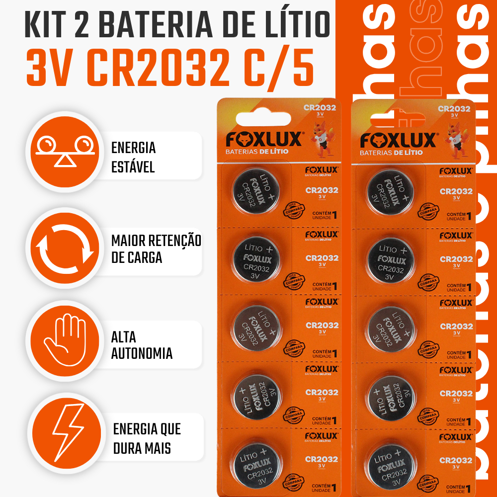 Pilha Bateria Moeda 3V CR2032 Foxlux Lítio Kit com 10 Unidades