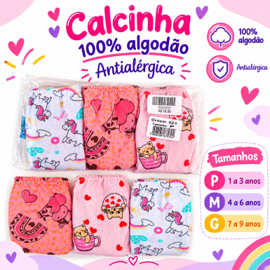 Kit 3 Calcinhas Infantil Algodão Menina Estampas Sortidas Macia