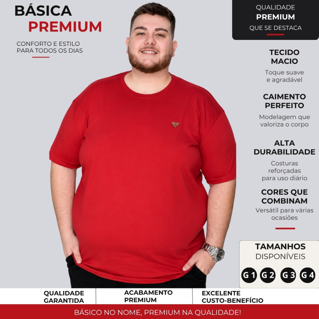 Camiseta Masculina Plus Size Gola Redonda Camisa Básica Bordada Casual 100% Algodão Premium G1 ao G4 Moda Maior