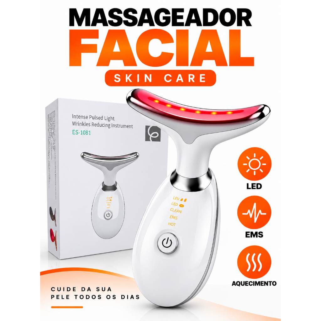Massageador Facial Golfinho Elétrico LED EMS Skin Care Anti Rugas Rosto e Pescoço Recarregável