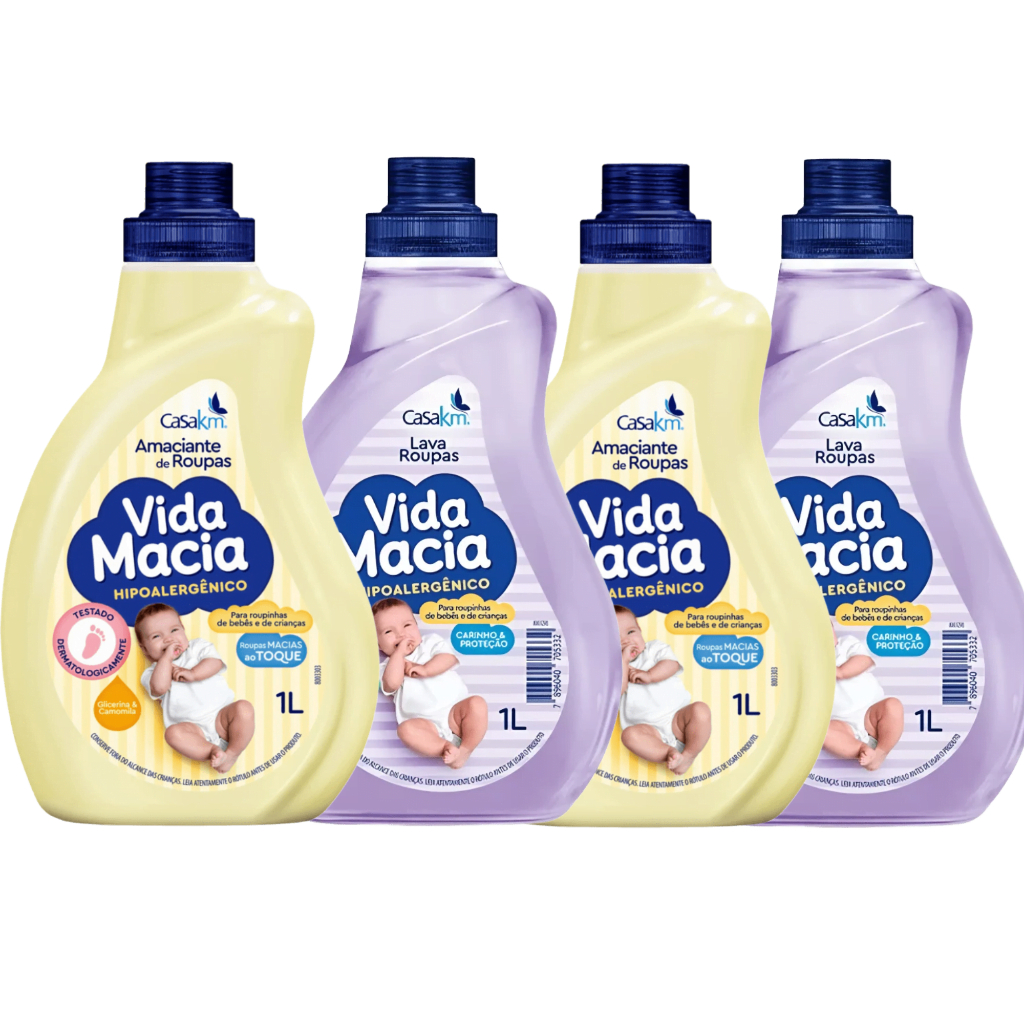 Kit Vida Macia Baby 1L: 2 Amaciantes de Roupas + 2 Sabões Líquidos Lava Roupas