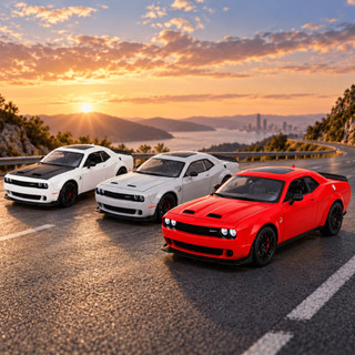 Miniatura Dodge Challenger SRT 1:24 Metal Som Luz Fricção Abre Portas Capô Branco Vermelho Cinza Colecionável Presente
