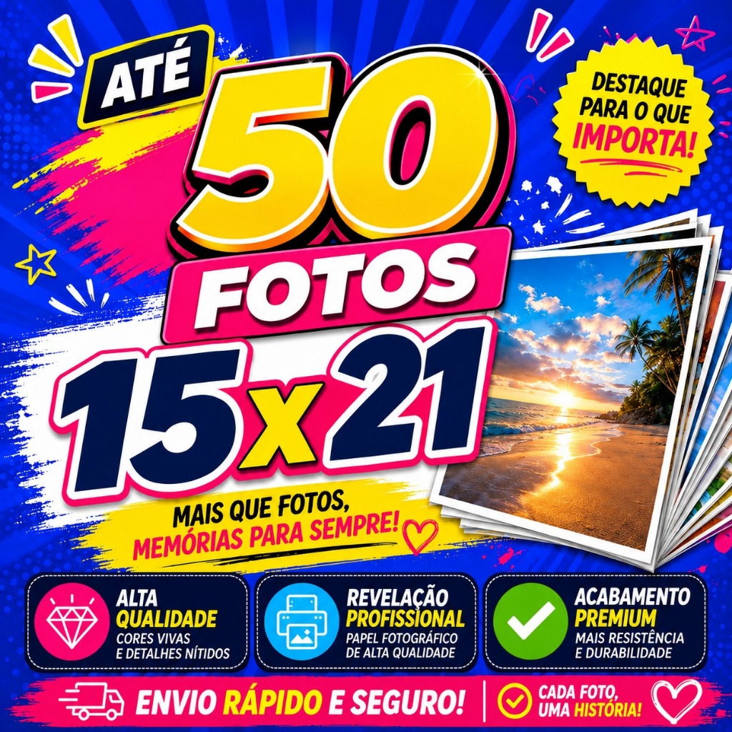 Revelação de Fotos 15x21 Reveladas Papel Fotográfico Premium Impressão Profissional Alta Qualidade, Cores Vivas
