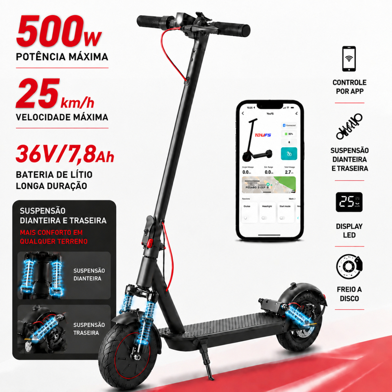 Mankeel Patinete Elétrico Adulto e Juvenil 500W 25km/h Suspensão Dupla, Freio a Disco, APP, LED, Dobrável,Presente Ideal