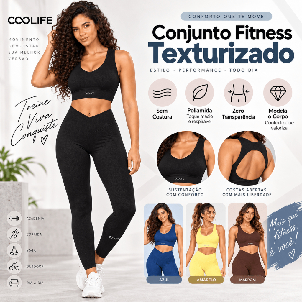 Conjunto Academia Feminino Top + Legging Canelado Sem Costura Cintura Alta V Levanta Bumbum COOLIFE