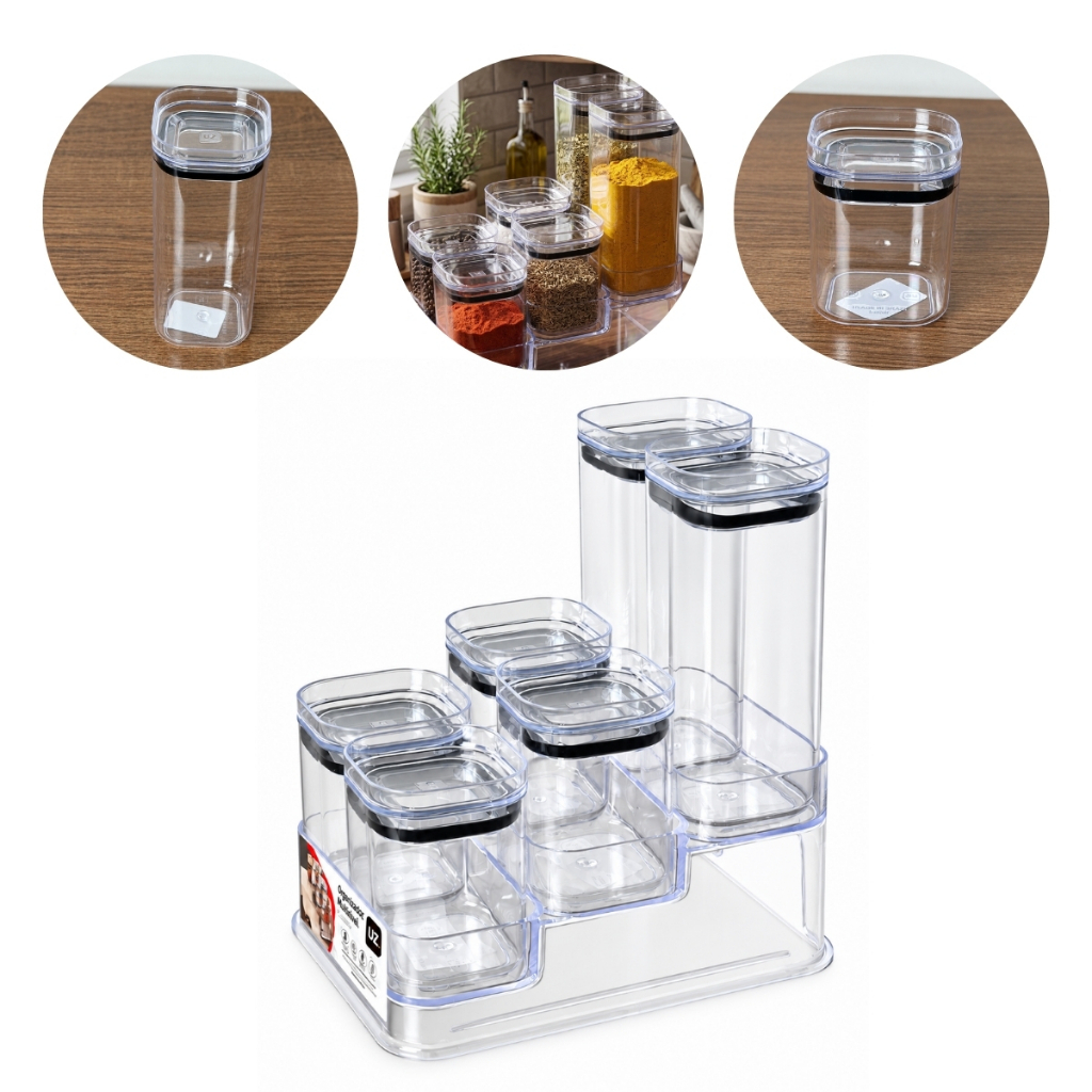 Kit 6 Pote Hermético + Organizador Acrílico Alimento Cozinha Mantimento Condimento Transparente Uz