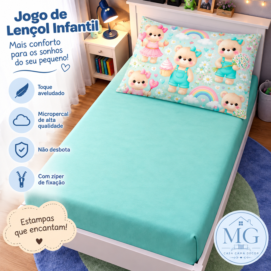 Jogo Lençol Infantil Solteiro 2 Peças Micropercal com Elástico Fronha 50x70 Estampado