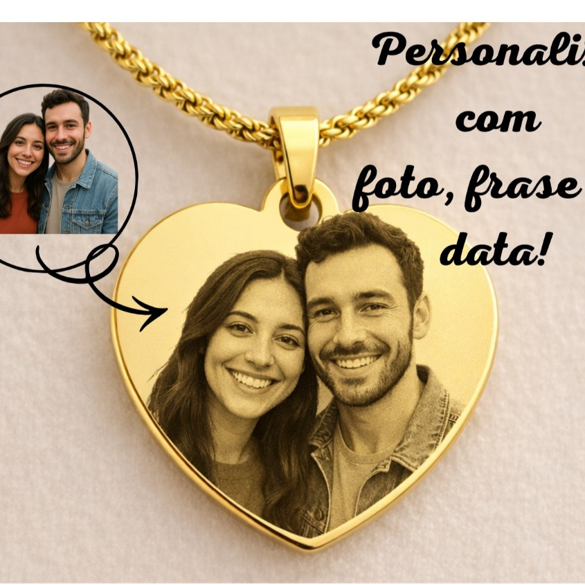 Colar Coração de Aço Banhado a Ouro 18K Personalizado a Laser, Foto, Frase, Simbolo, Iniciais, Data.