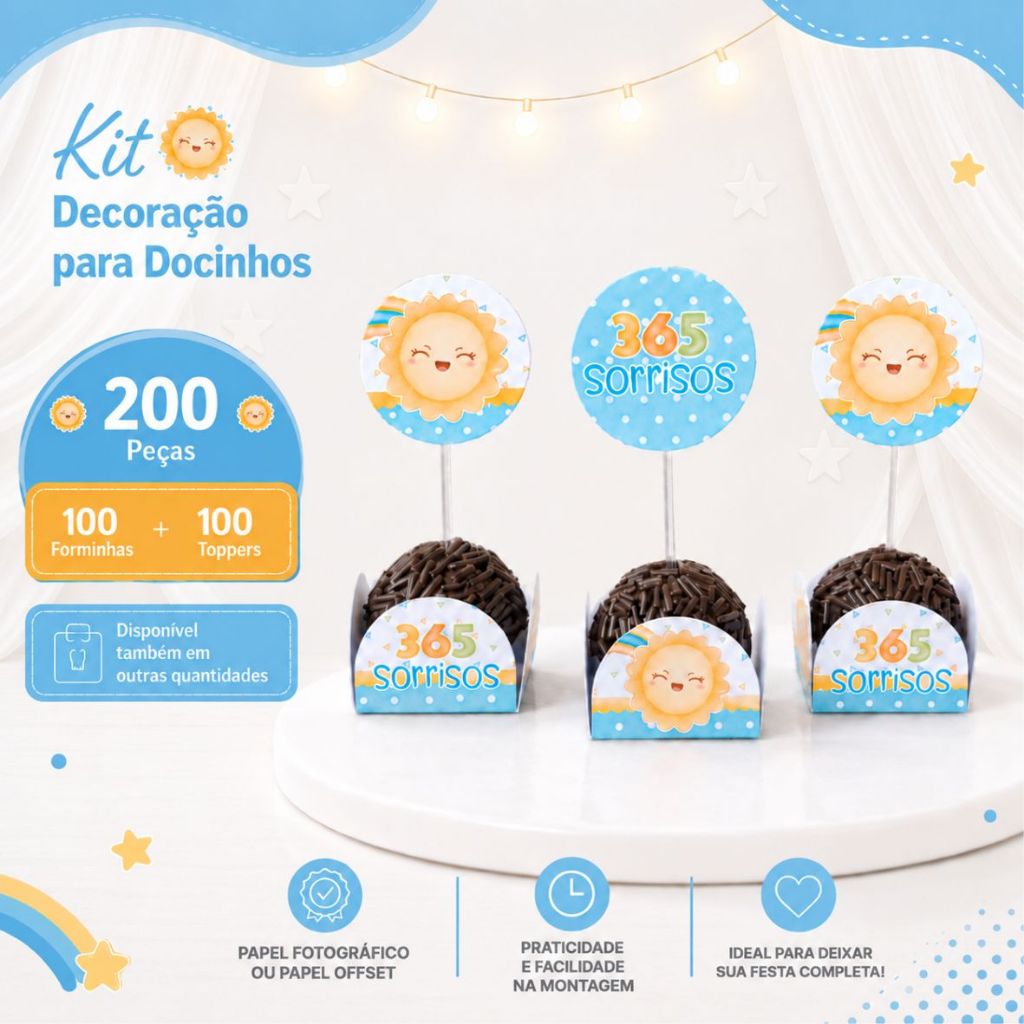 365 Sorrisos Azul Kit Forminhas + Toppers Docinhos - Decoração e Festa