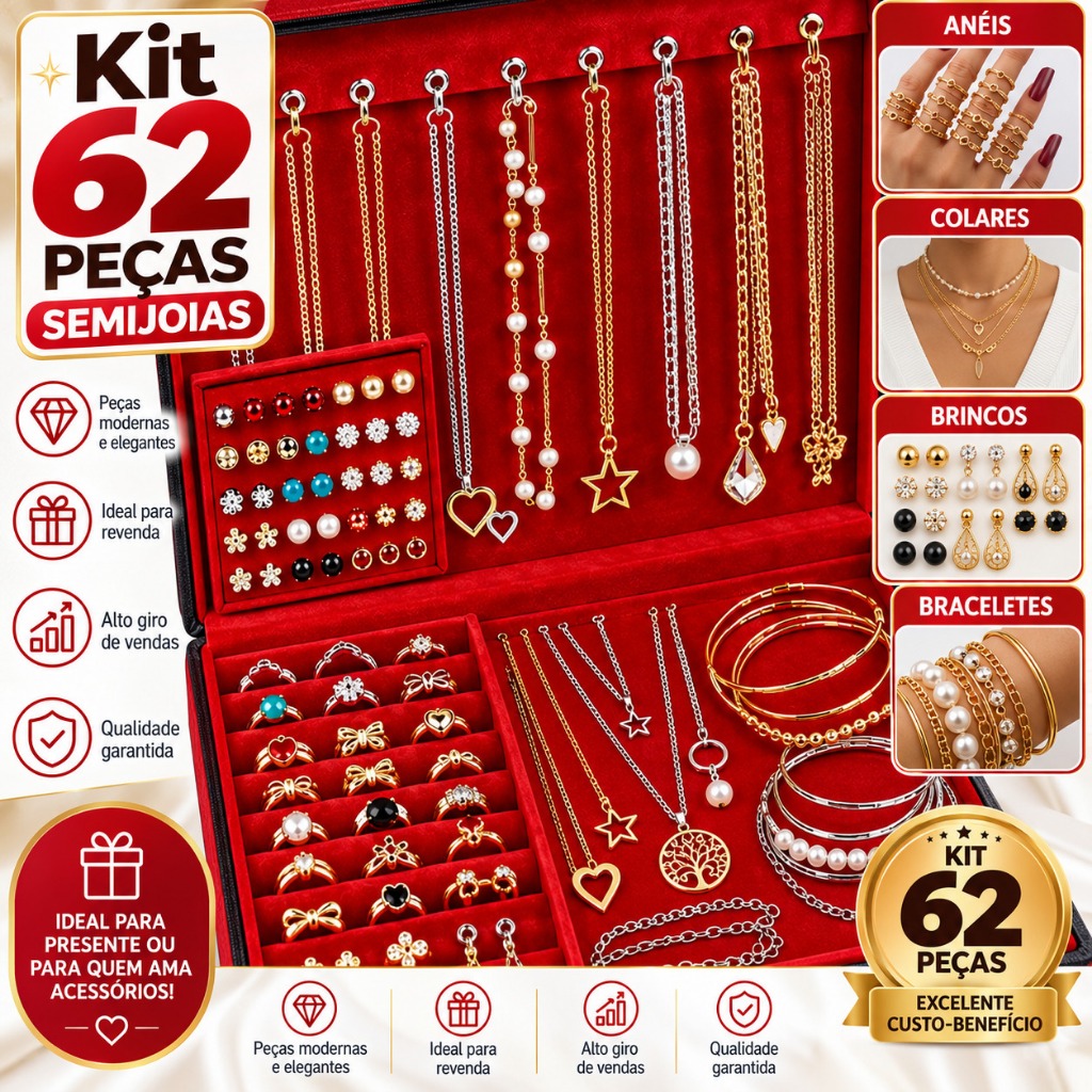 Kit 70 BLACK Semi Joias Ouro e Prata Folheados Feminino