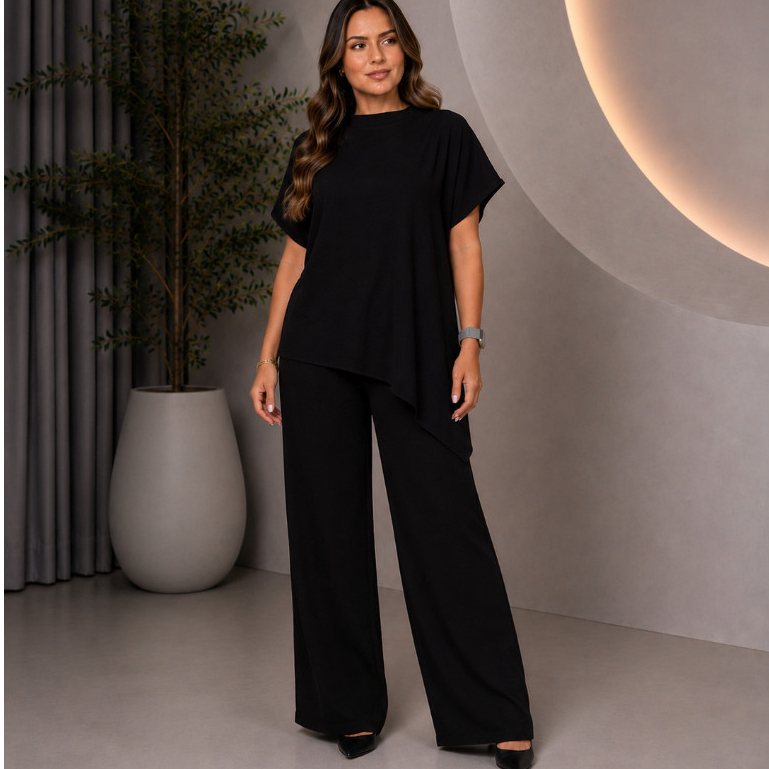 Conjunto Feminino Blusa Assimétrica e Calça Pantalona Moda Elegante Social