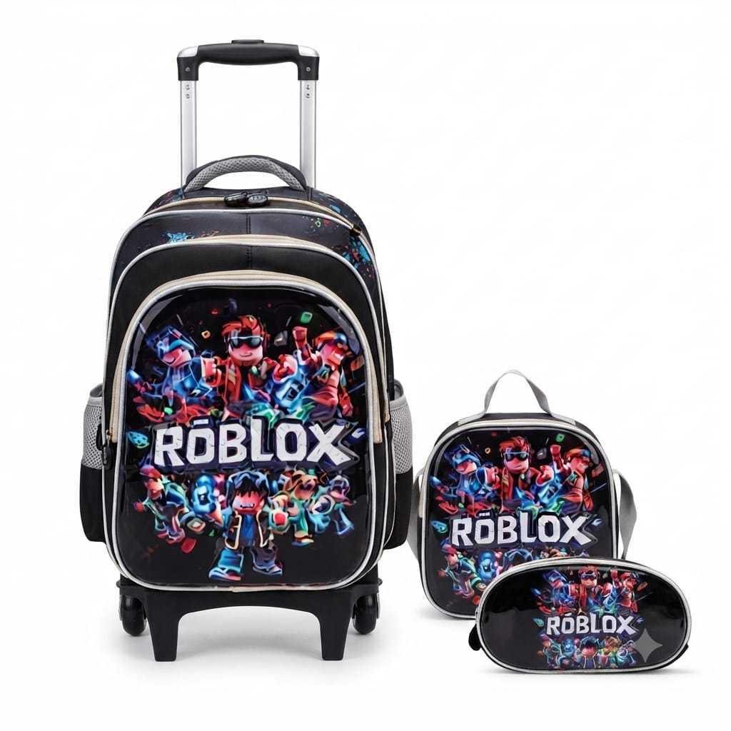 KIT MOCHILA ESCOLAR ROBLOX 3D LANCHEIRA TÉRMICA + ESTOJO ESCOLAR GRANDE RODINHA MENINO JOGO
