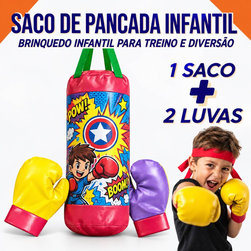Saco de Pancadas Infantil Vingadores com Par de Luvas para Brincadeira +3 Anos