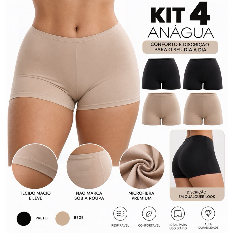 Kit 4 Short Anágua Liso Meia Perna Qualidade Segunda Pele Feminino Bermuda Moda íntima Lingerie