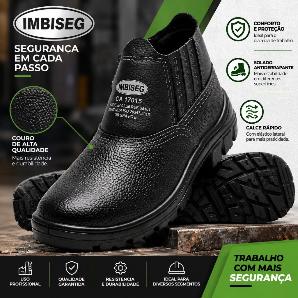 Botina Bota de Segurança Em Couro EPI Trabalho Obra CA Aprovado Biqueira PVC Unissex Profissional Leve