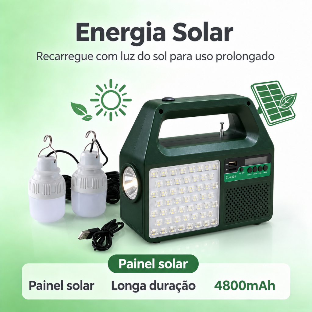 Luminária Solar Portátil Multifuncional 4800mAh Rádio FM Bluetooth, 2 Lâmpadas, Carregador USB Acampamento Emergência