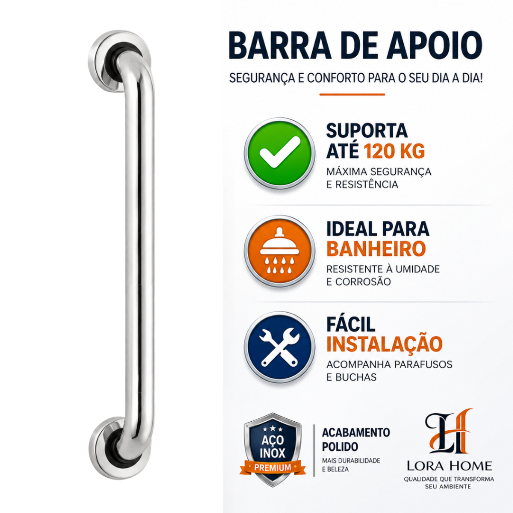 Barra de Apoio Reta 1 Metro Cromada Segurança e Acessibilidade Para Banheiro Escada Corrimão