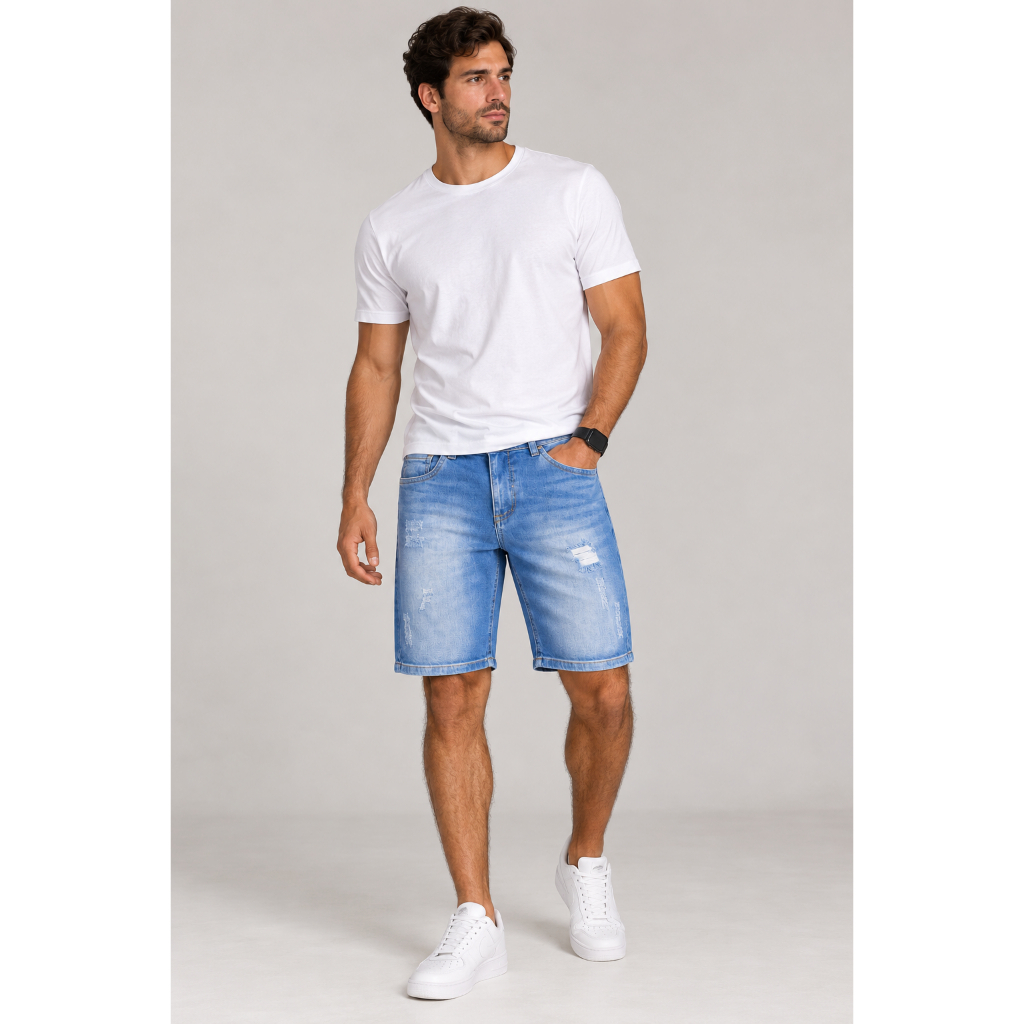 Bermuda Jeans Masculina Slim Com Elastano Bolsos Básica