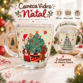 Caneca de Vidro Natal 380ml Micro-ondas Dupla Estampa Frente e Verso para Café Chá Presente Natalino