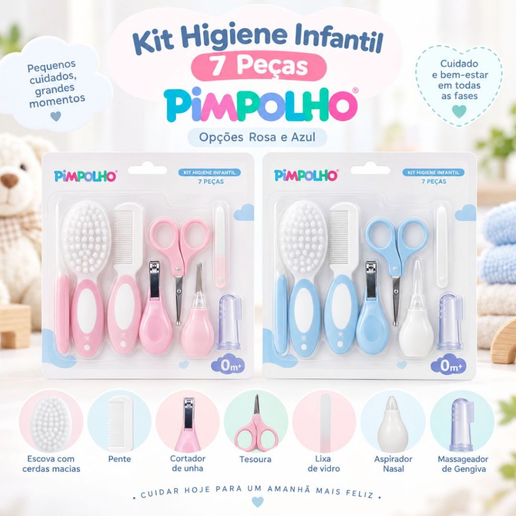 Kit De Higiene Bebe 7 Peças Cuidados Recem Nascido Menino Menina Pimpolho Infantil Baby Unha Cabelo
