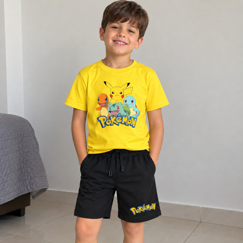 Conjunto Infantil Camiseta Algodão Bermuda Moletinho Estampa Pokémon