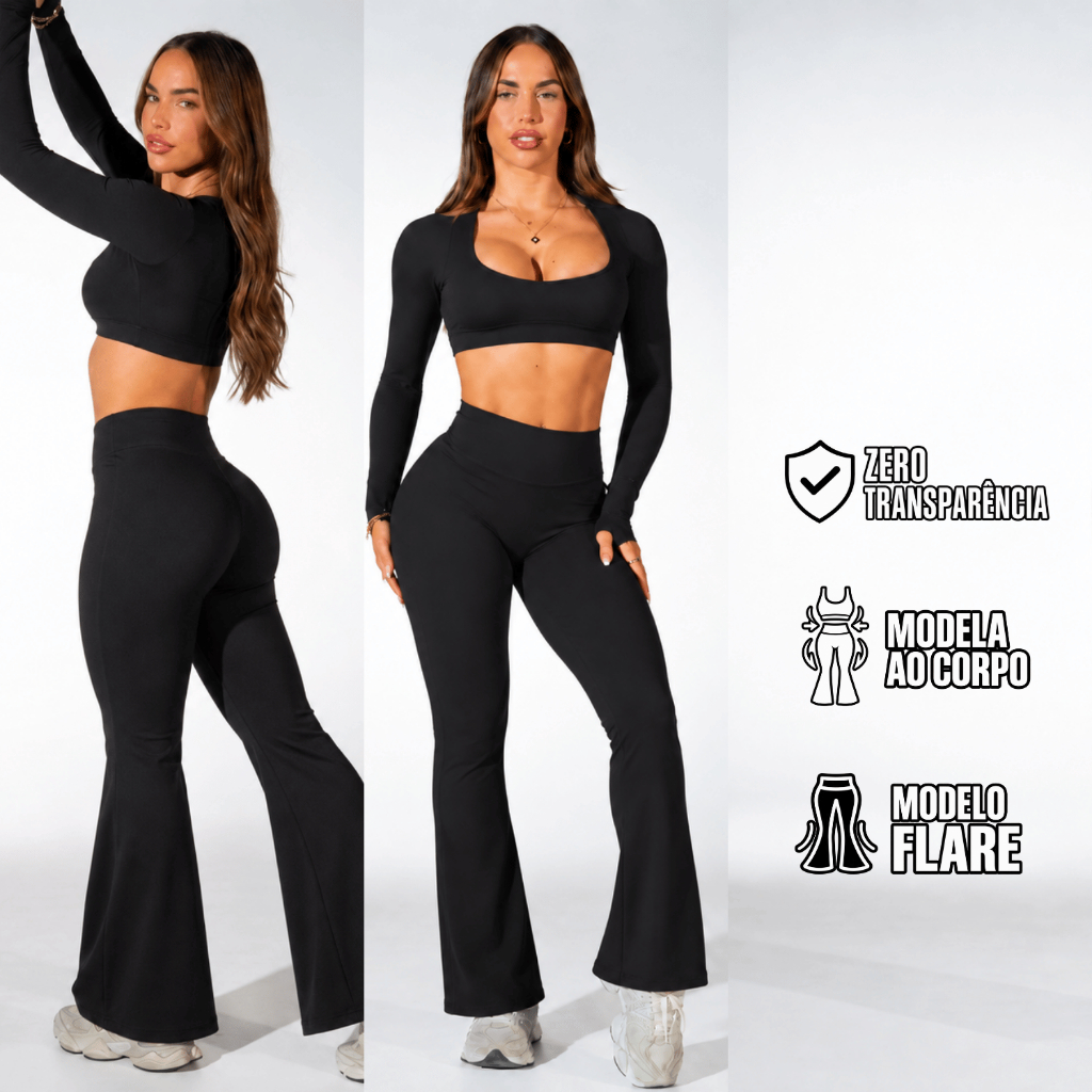 Conjunto de Academia Feminino Bailarina Legging Flare e Top Manga Longa Zero Transparência Suplex Poliamida Fitness