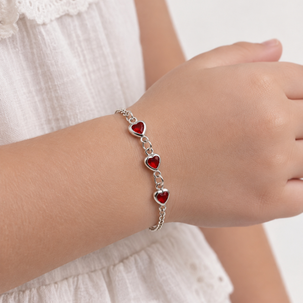 Pulseira Infantil Feminina 14 cm – Três Corações Vermelhos | Semijoia Banhada a Prata 925