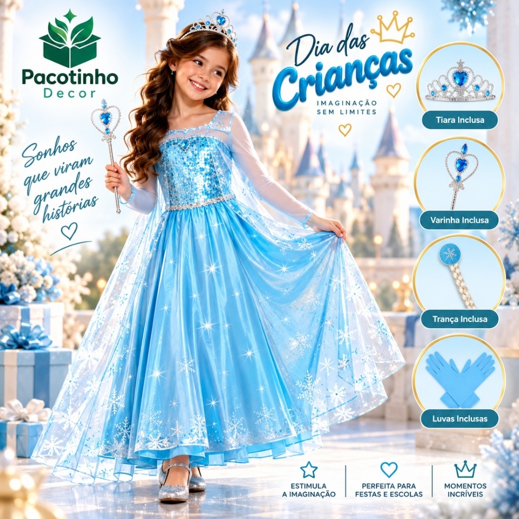 Vestido Fantasia Frozen Infantil Elsa Com Capa E Acessórios