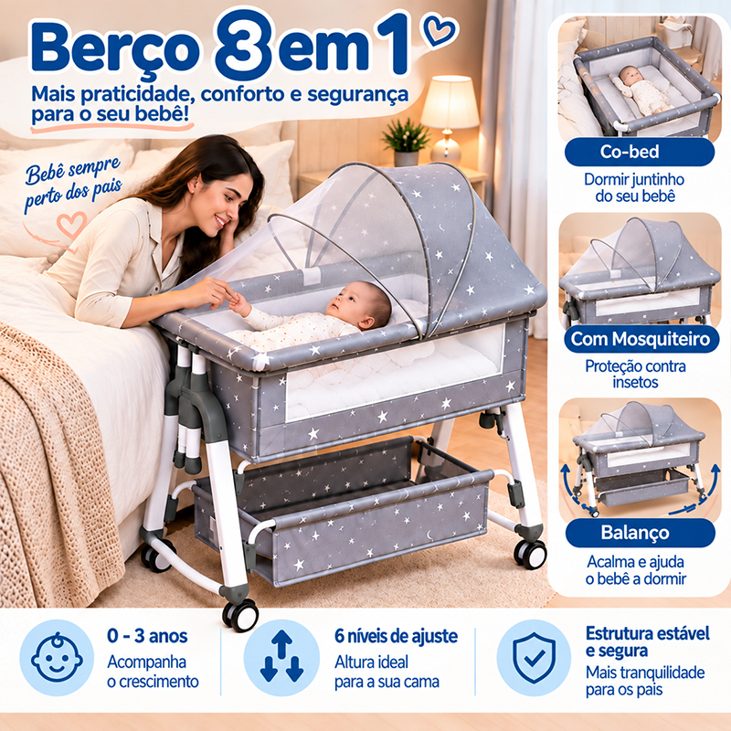 Berço Portátil Mosquiteiro Berço portátil multifuncional móvel e dobrável para bebê Cinza 50kg P18