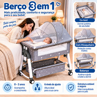 Berço Portátil Mosquiteiro Berço portátil multifuncional móvel e dobrável para bebê Cinza 50kg P18