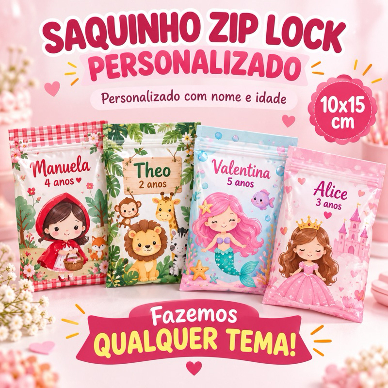 Saquinho Zip Lock Personalizado para Festa Infantil 10x15 | Lembrancinha Aniversário | Qualquer Tema