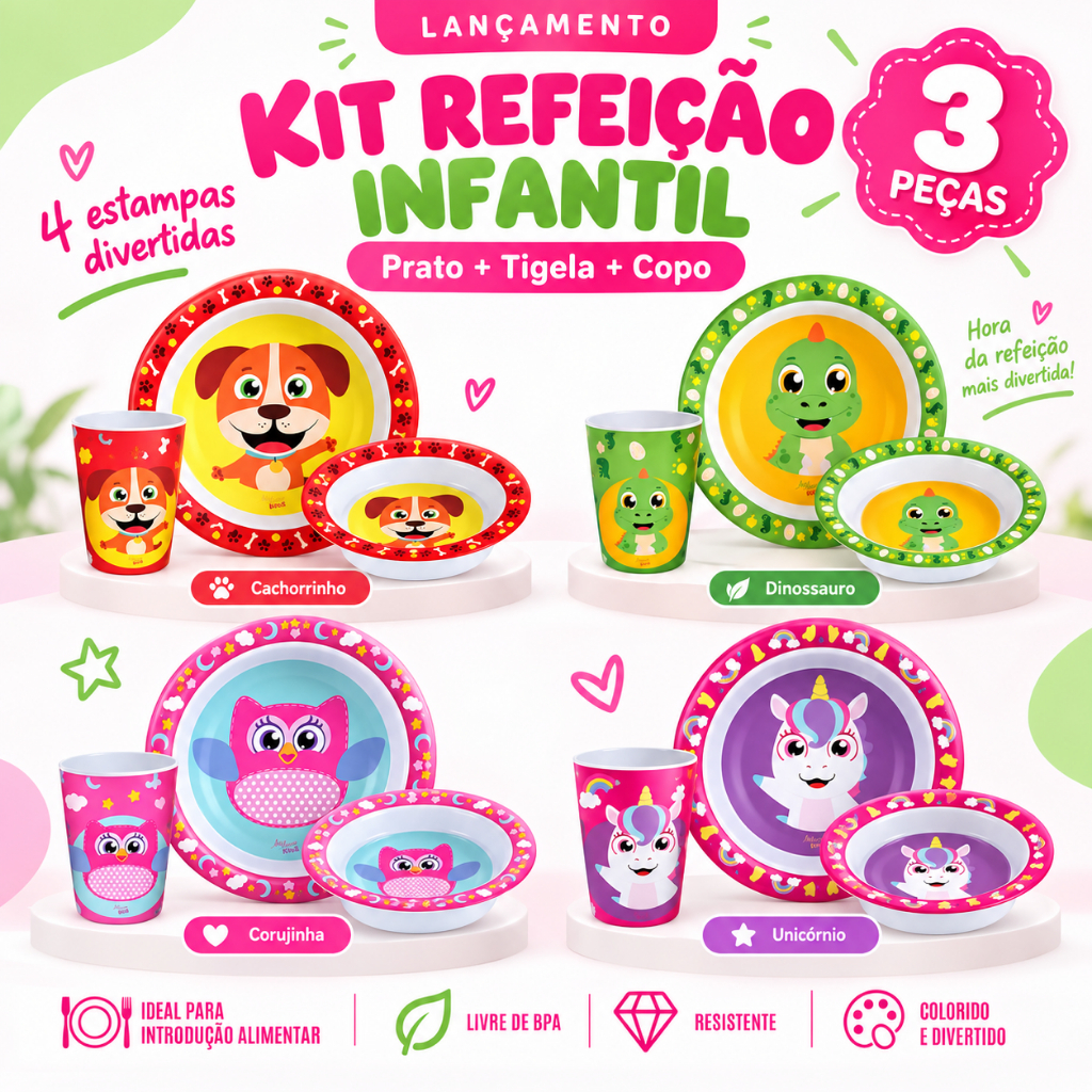 Kit Refeição Infantil Prato Tigela Copo Introdução Alimentar P/ Bebê Criança Resistente Durável Personalizado