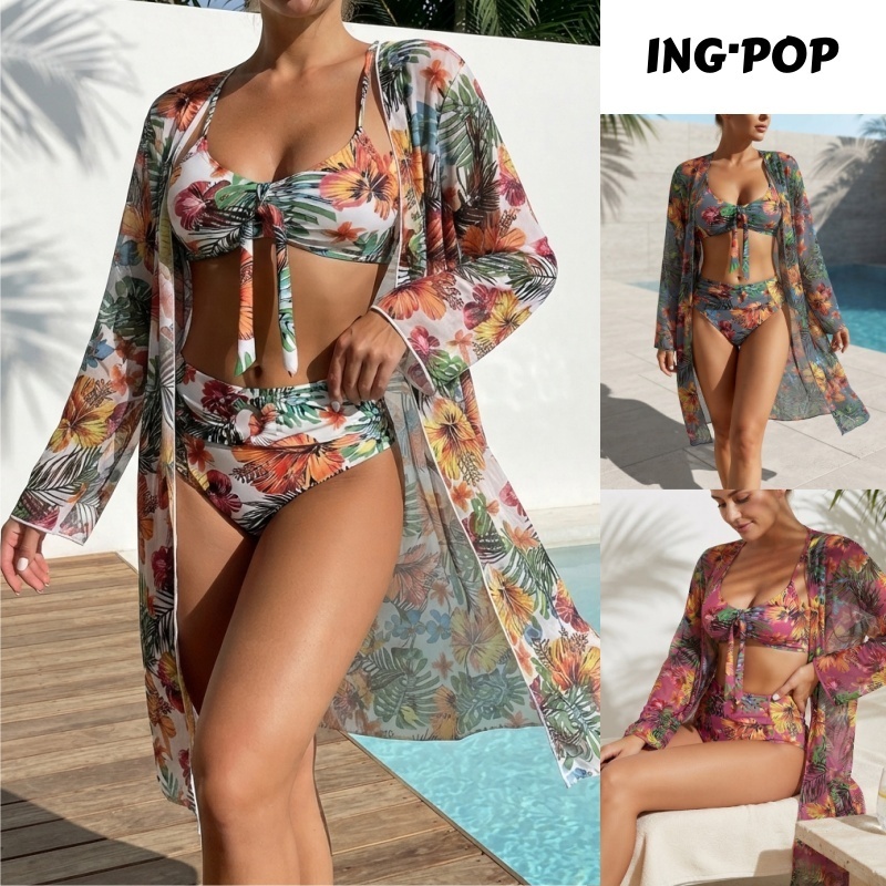 Conjunto De 3 Peças Femininas Biquíni Elegante Floral Estampa Cardigã Cobrir Sutiã