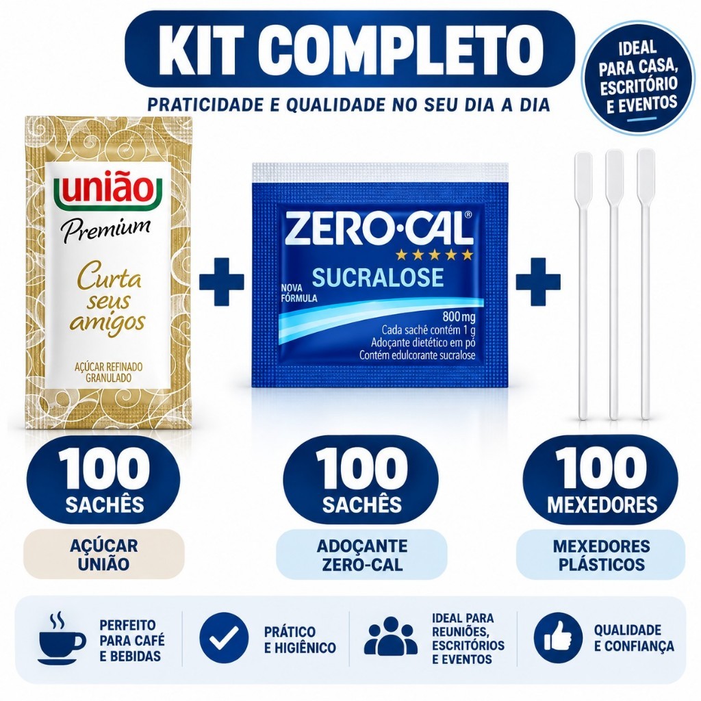 Açucar Uniao Sache + Adoçante Zero Cal Sucralose + Mexedor Cafe 8,5cm
