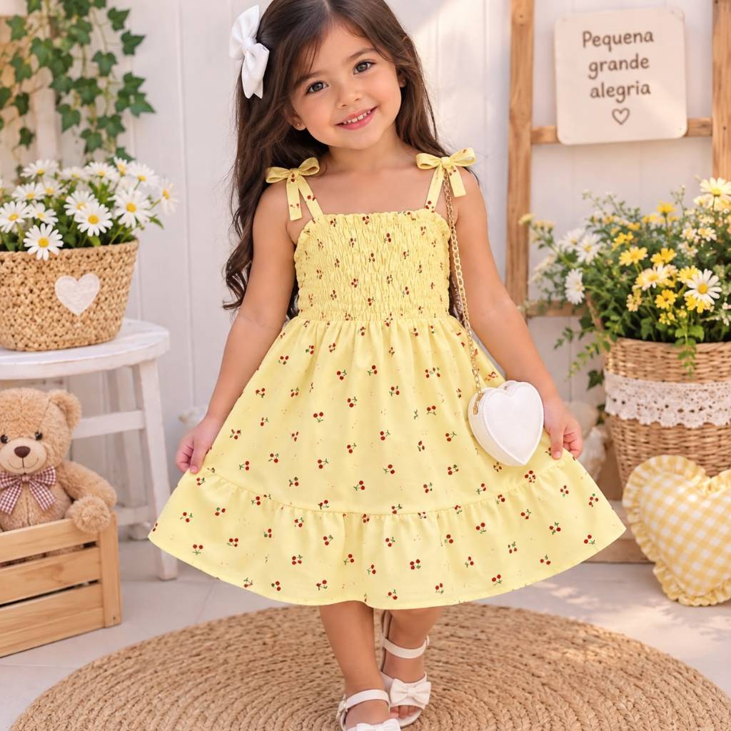 Vestido Infantil Menina Cerejinha Soltinho Verão Estampado Fresquinho Fofo Leve Roupa Criança Blogueirinha Casual