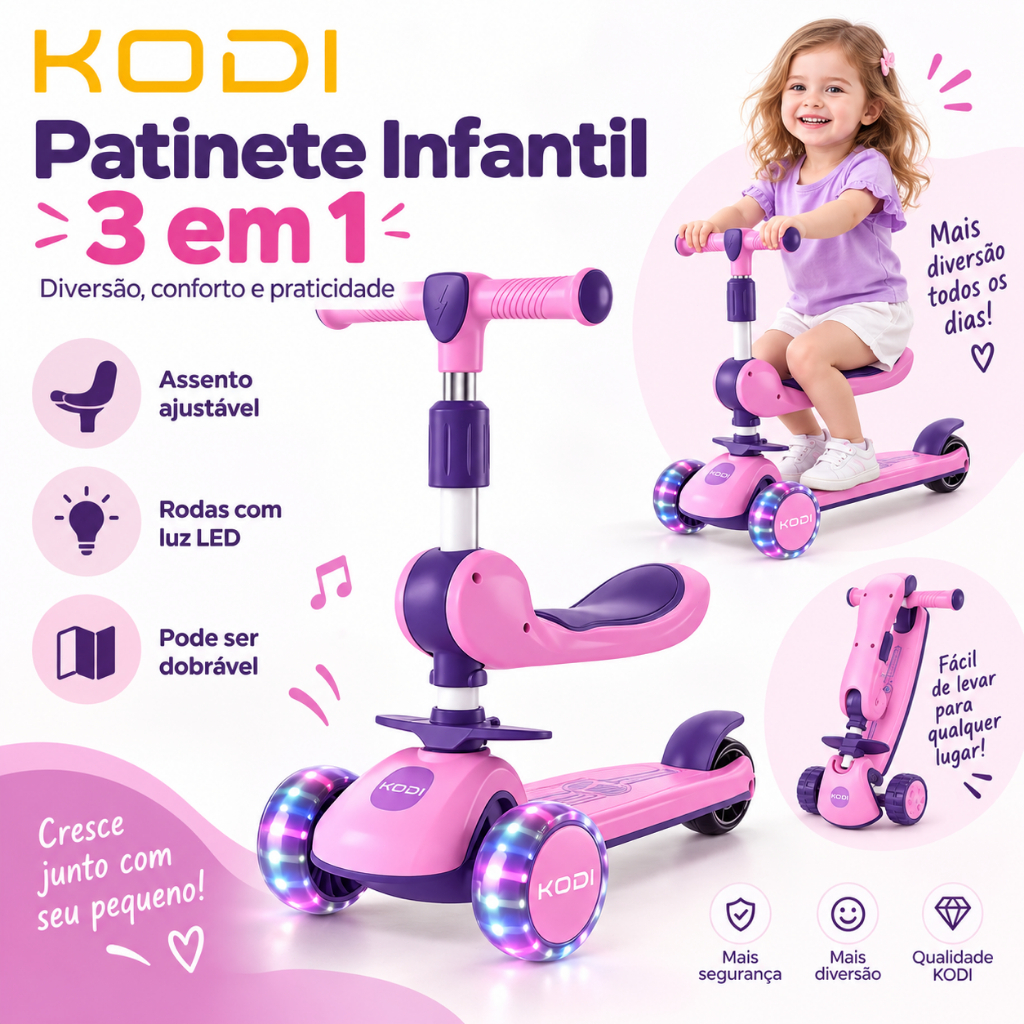 Patinete 3 em 1 para 1 a 12 Anos | Com Banco, Luzes e Música | Ajustável e Seguro