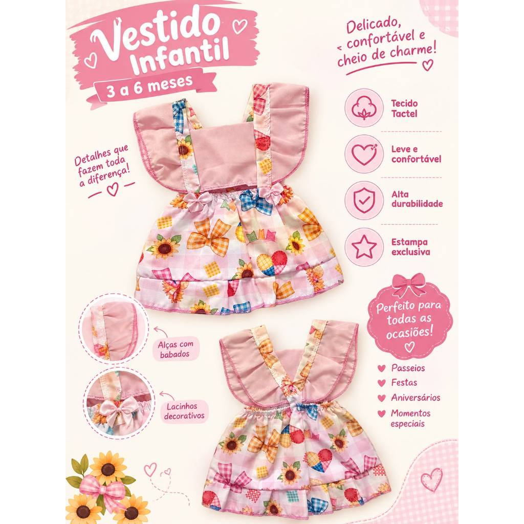 Vestido Infantil Feminino Bebê Menina Rodado Rosa Floral com Laços Estampado Verão Festa Passeio Confortável Delicado